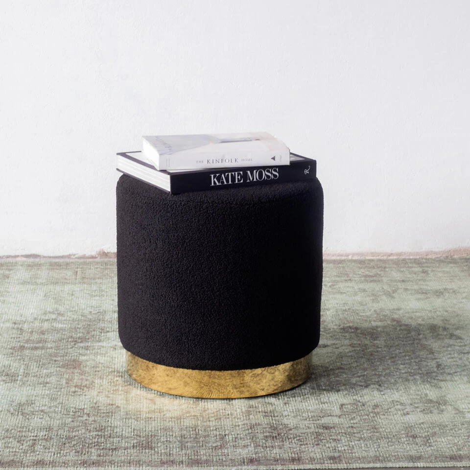 Giga Meubel Teddy Poef Zwart - Met Gouden Onderstel - Poef Quinty - Afbeelding 3