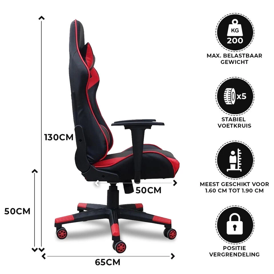 Gamestoel Las Vegas - Zwart / Rood - Gaming Stoel - Bureaustoel - Afbeelding 3