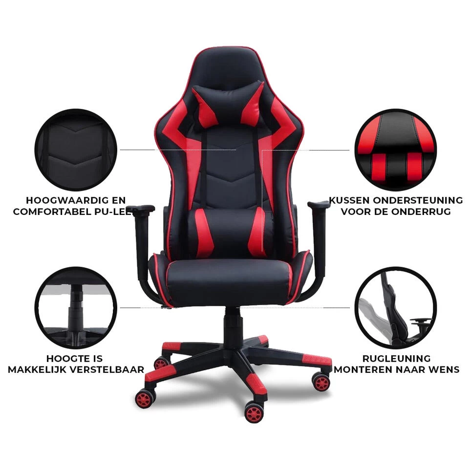 Gamestoel Las Vegas - Zwart / Rood - Gaming Stoel - Bureaustoel - Afbeelding 4