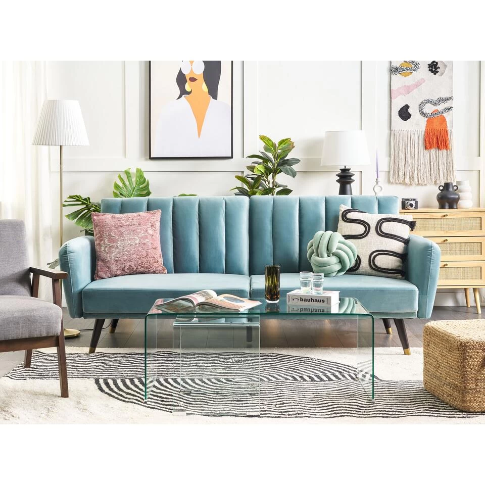 Beliani Slaapbank - VIMMERBY Blauw Fluweel - Afbeelding 2