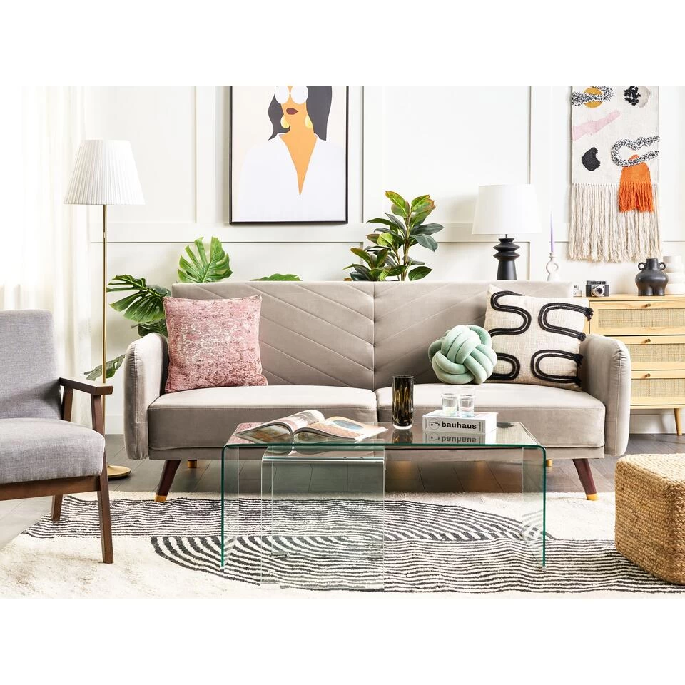 Beliani Driezitsbank - SENJA Beige Fluweel - Afbeelding 2